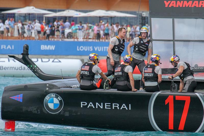 A moment of contemplation after OTUSA's highpoint in Bermuda - winning the Qulaifier Series and taking a point into the Match photo copyright Richard Gladwell taken at Royal Bermuda Yacht Club and featuring the AC50 class