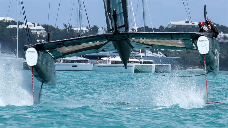 LandRover BAR lifts one rudder wing and is about to do the second  - triggering a spectacular nose dive - Day 2, Challenger Selection Series  Bermuda, May 27, 2017 photo copyright Richard Gladwell / Sail-World.com taken at Royal Bermuda Yacht Club and featuring the AC50 class