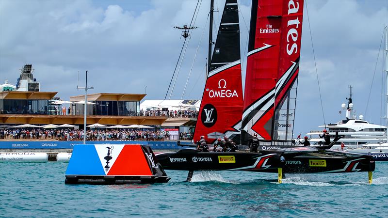 The celebrations begin as Emirates Team NZ crosses the finish off the America's Cup Village, Bermuda, June 26, 2017 photo copyright Richard Gladwell / Sail-World.com taken at Royal New Zealand Yacht Squadron and featuring the AC50 class