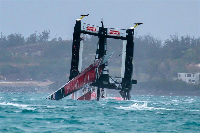 Recovery of ETNZ's AC50 took over 40 minutes, and full repair to racing condition took Emirates Team NZ's shore team 48hours of intense work. Bermuda, Challenger Semi-Finals, Day 2 , June 2017 photo copyright Richard Gladwell / Sail-World.com taken at Royal New Zealand Yacht Squadron and featuring the AC50 class