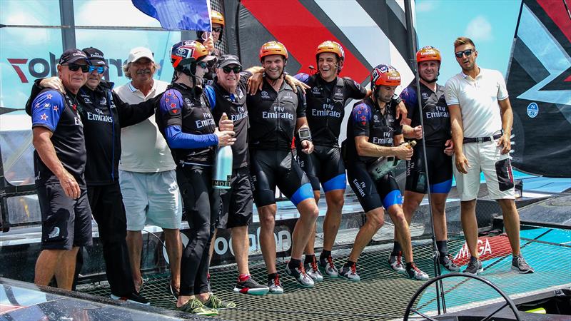 Emirates Team NZ crew pose after winning 35th America's Cup Match, Bermuda, June 26, 2017 photo copyright Richard Gladwell / Sail-World.com taken at Royal New Zealand Yacht Squadron and featuring the AC50 class