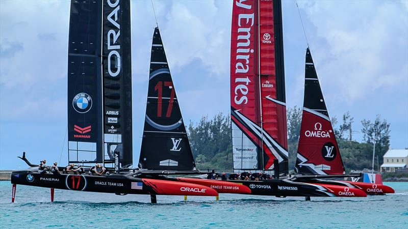 Emirates Team NZ and Oracle Team USA bow to bow off the start of the final race - 35th America's Cup Match, Bermuda, June 26, 2017 photo copyright Richard Gladwell / Sail-World.com taken at Royal New Zealand Yacht Squadron and featuring the AC50 class