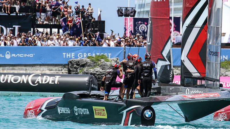Emirates Team NZ crew celebrate seconds after crossing the finish to win the 35th America's Cup Match, Bermuda, June 26, 2017 photo copyright Richard Gladwell / Sail-World.com taken at Royal New Zealand Yacht Squadron and featuring the AC50 class