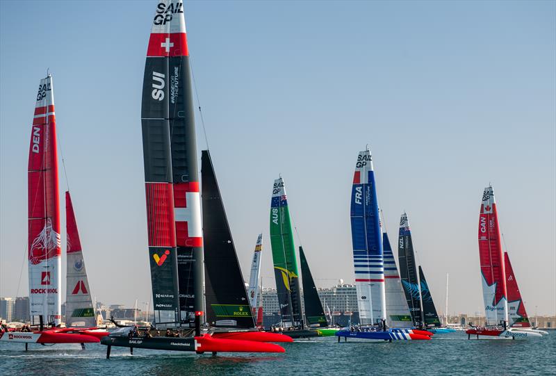 The fleet in action on Race Day 1 of the Dubai Sail Grand Prix - November 12, 2022 photo copyright Ricardo Pinto/SailGP taken at Dubai Offshore Sailing Club and featuring the AC50 class