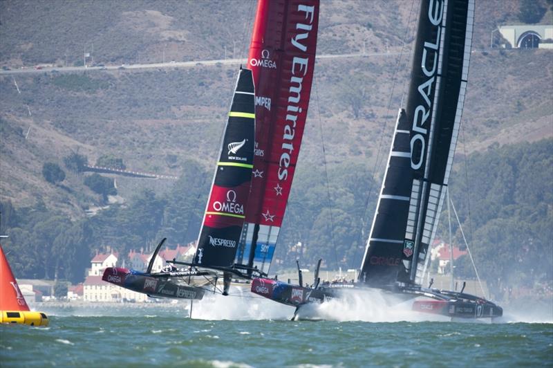 Emirates Team New Zealand NZL5 leads Oracle Team USA in leg one of race 11 on day 7 of America's Cup 34 photo copyright Chris Cameron / ETNZ taken at  and featuring the AC72 class