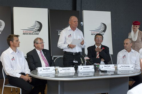 Dean Barker, Richard Vaughan (Emirates) Grant Dalton and Bob Field (Toyota New Zealand) announce that Emirates Team New Zealand is challenging for the 34th America’s Cup photo copyright Emirates Team New Zealand taken at  and featuring the AC72 class