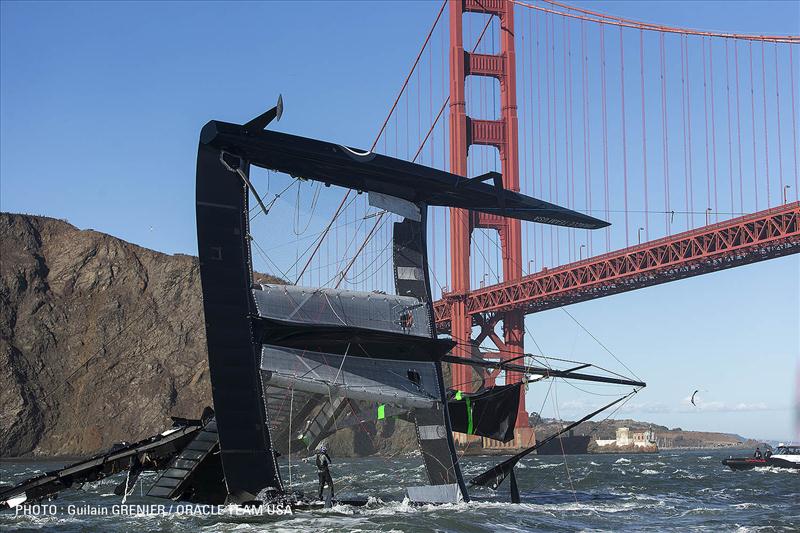 ORACLE TEAM USA 17 AC72 capsizes in San Francisco Bay - photo © Guilain Grenier / ORACLE TEAM USA