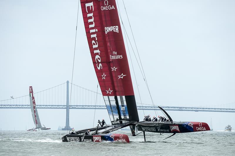 Emirates Team New Zealand AC72, NZL5 maintain their lead without a jib in Emirates Team New Zealand AC72, NZL5 lose the jib on the first upwind leg of Louis Vuitton Cup Round Robin 3 Race 3 - photo © Chris Cameron / ETNZ