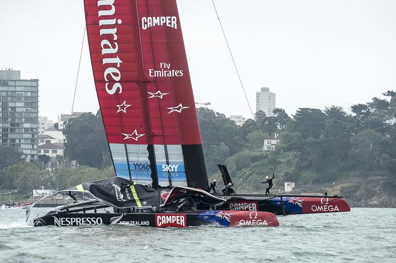 Emirates Team New Zealand AC72, NZL5 lose the jib on the first upwind leg of Louis Vuitton Cup Round Robin 3 Race 3 - photo © Chris Cameron / ETNZ