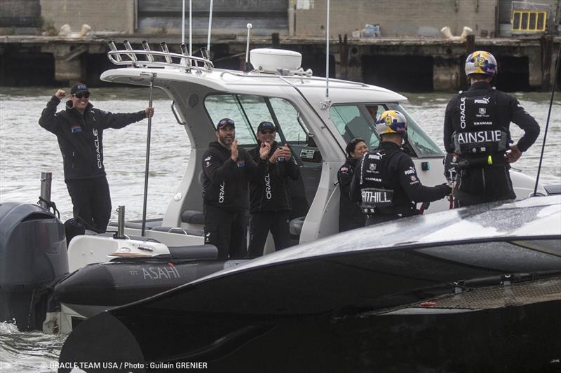 Larry Ellison applauds his team after ORACLE TEAM USA win race 13 of the 34th America's Cup photo copyright Guilain Grenier / ORACLE TEAM USA taken at  and featuring the AC72 class