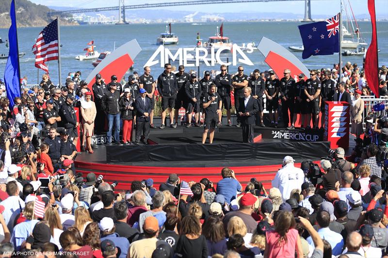Dean Barker and Emirates Team New Zealand during the 34th America's Cup presentation ceremony in San Francisco photo copyright Gilles Martin-Raget / ACEA taken at  and featuring the AC72 class