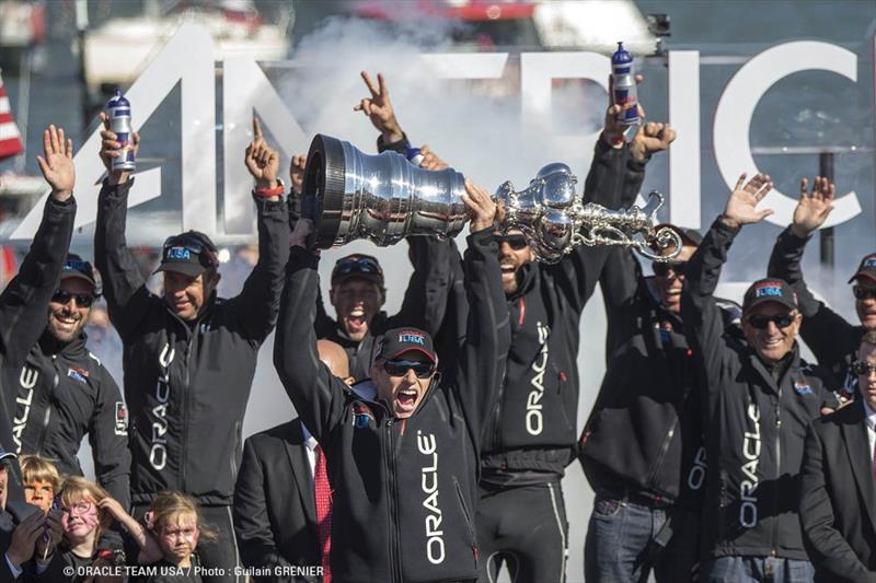 Jimmy Spithill lifts the America's Cup in San Francisco photo copyright Guilain Grenier / ORACLE TEAM USA taken at  and featuring the AC72 class