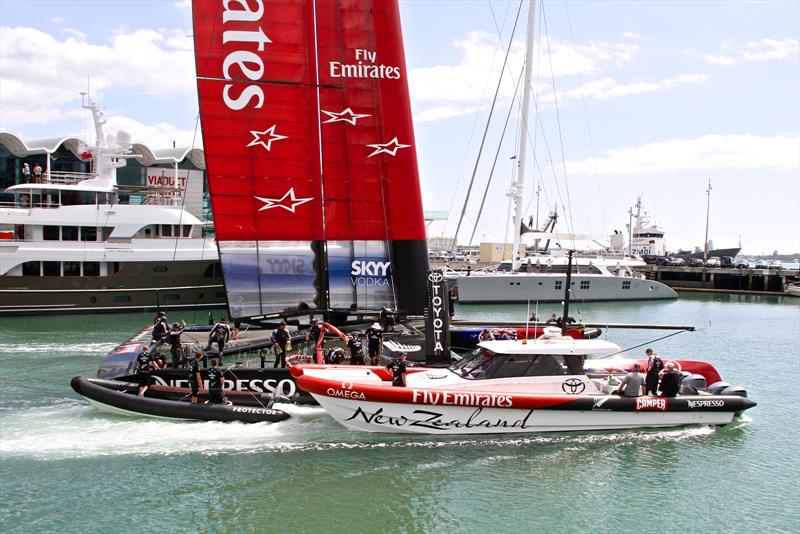 Side slipping wingsailed catamarans out of the Viaduct Harbour was even trickier than in Bermuda photo copyright Richard Gladwell taken at  and featuring the AC72 class