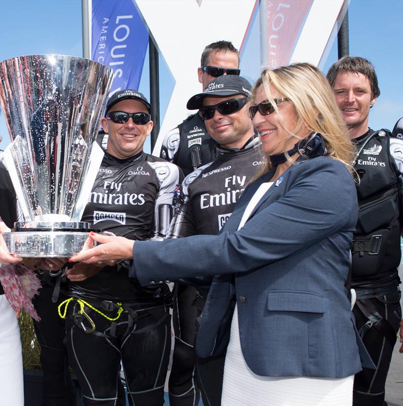 Christine Belanger presents the Louis Vuitton Trophy in 2013 to Emirates Team NZ photo copyright Emirates Team NZ taken at  and featuring the AC72 class