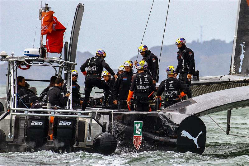 The turning point of the 34th America's Cup - Jimmy Spithill steps back aboard OTUSA after the decision is made to replace tactician John Kostecki with Ben Ainslie and then decline to race in the second race of Day 3 photo copyright Richard Gladwell Sail-World.com taken at Golden Gate Yacht Club and featuring the AC72 class