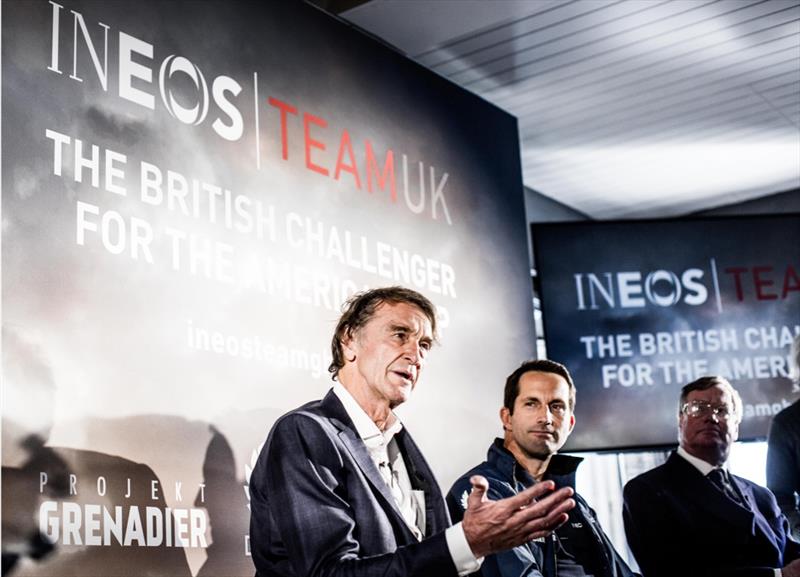 Jim Ratcliffe, Ben Ainslie and RYS Commodore Jamie Sheldon - photo © HarryKH / INEOS TEAM UK