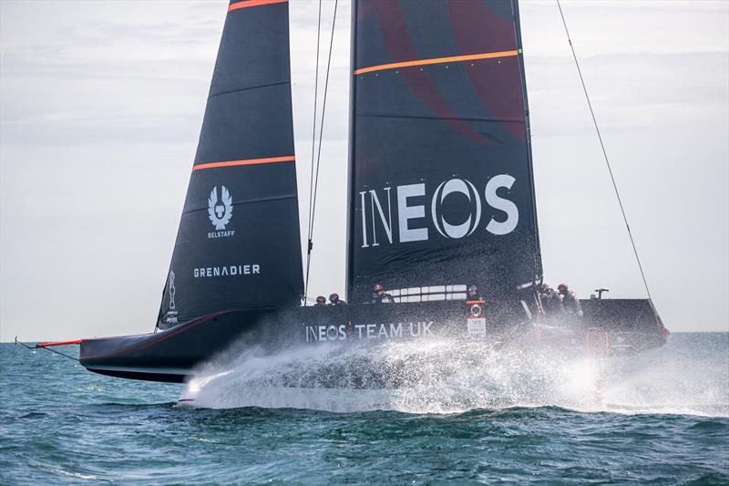 Sir Robin Knox-Johnston takes flight on Britannia photo copyright C Gregory / INEOS TEAM UK taken at  and featuring the AC75 class