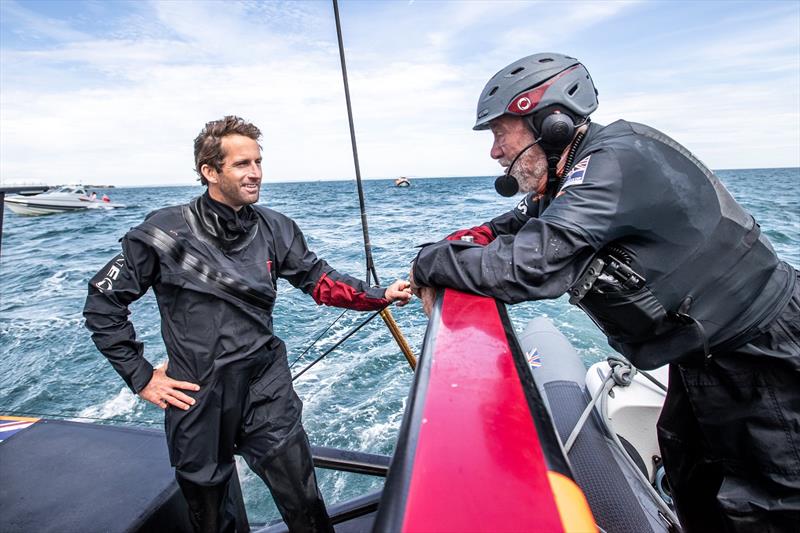 Sir Robin Knox-Johnston takes flight on Britannia photo copyright C Gregory / INEOS TEAM UK taken at  and featuring the AC75 class