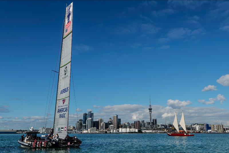 DEFIANT shortly after leaving the team's new base in the Wynyard Quarter of Auckland photo copyright American Magic / Ryan Pellett / ACE taken at  and featuring the AC75 class