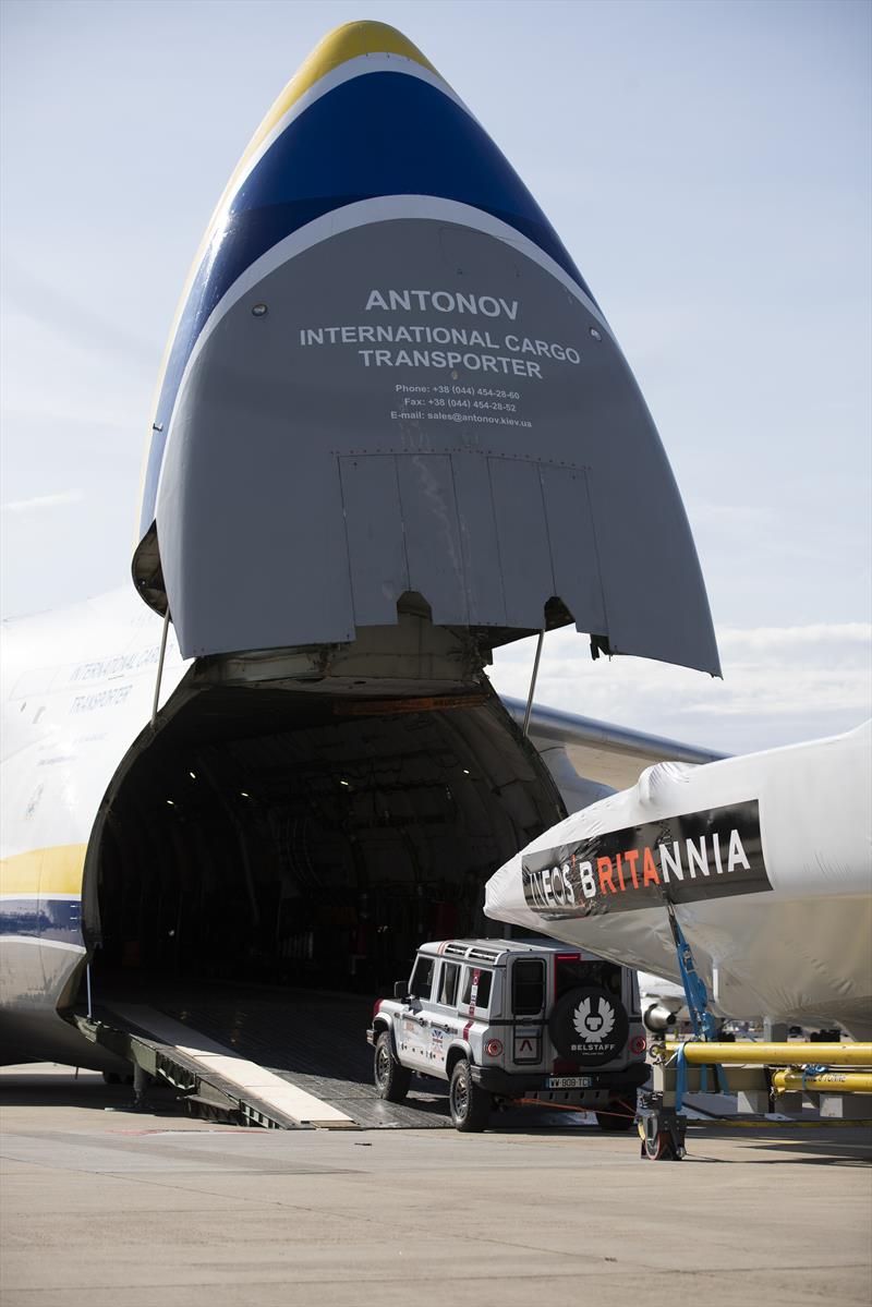 INEOS TEAM UK America's Cup race boat being towed onto an Antonov cargo plane by the teams new prototype INEOS 'Grenadier' 4x4 at the start of its journey to Auckland, New Zealand photo copyright Lloyd Images / INEOS TEAM UK taken at  and featuring the AC75 class
