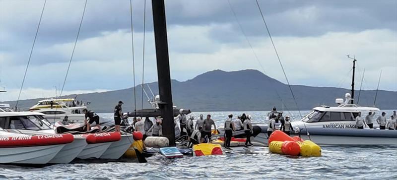 The America's Cup support teams work together to save NYYC American Magic's Patriot after a huge capsize on day 3 of the PRADA Cup - photo © Richard Gladwell / Sail-World.com