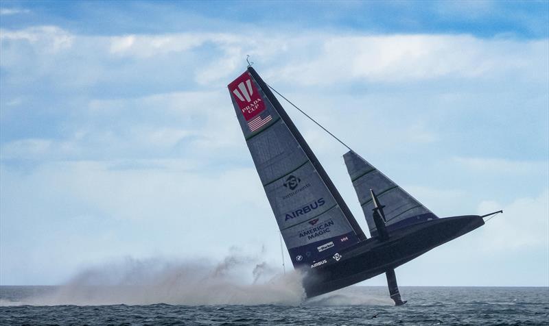 Airtime and a huge capsize for American Magic on day 3 of the PRADA Cup photo copyright COR36 / Studio Borlenghi taken at  and featuring the AC75 class