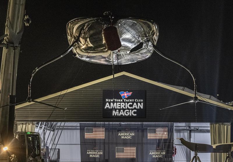 NYYC American Magic's Patriot back ashore with a huge hole in the hull after their massive capsizes on day 3 of the PRADA Cup photo copyright COR36 / Studio Borlenghi taken at  and featuring the AC75 class