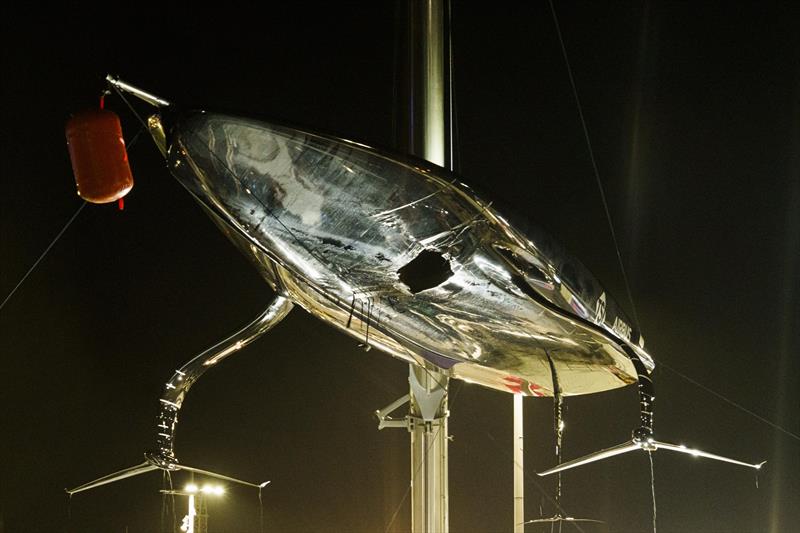 NYYC American Magic's Patriot back ashore with a huge hole in the hull after their massive capsizes on day 3 of the PRADA Cup photo copyright COR36 / Studio Borlenghi taken at  and featuring the AC75 class