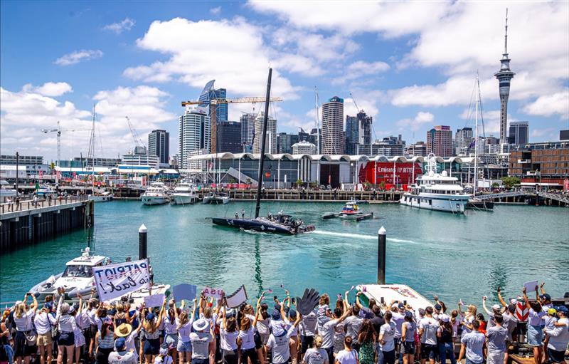 With a full-throated sendoff from families and supporters, PATRIOT heads out for her first sail since her crash and near-sinking on January 17 - photo © Sailing Energy / American Magic