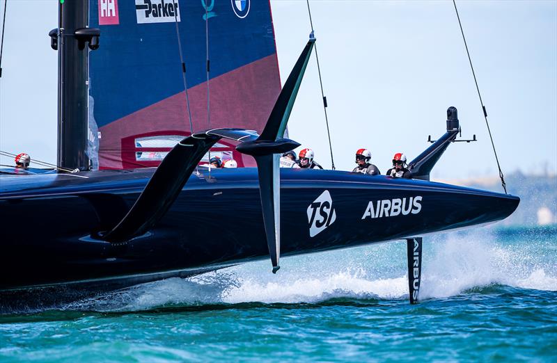 PRADA Cup Semi-Final Day 1 - Foil Trimmer Andrew Campbell (left), Skipper/Tactician Terry Hutchinson (3rd from right), Helmsman Dean Barker (2nd from right) and main trimmer Paul Goodison (right) - photo © Sailing Energy / American Magic