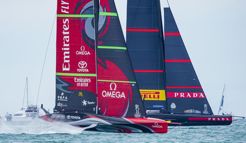 America's Cup match day 1 - Luna Rossa Prada Pirelli ahead of Emirates Team New Zealand photo copyright ACE / Studio Borlenghi taken at Royal New Zealand Yacht Squadron and featuring the AC75 class