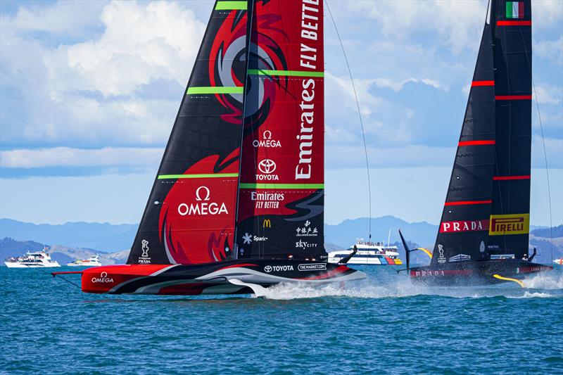 America's Cup match day 2 - Emirates Team New Zealand force Luna Rossa Prada Pirelli to tack soon after the start of race 4 photo copyright ACE / Studio Borlenghi taken at Royal New Zealand Yacht Squadron and featuring the AC75 class