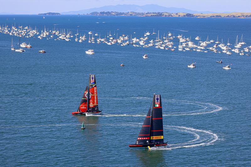 America's Cup match day 3 - Emirates Team New Zealand and Luna Rossa Prada Pirelli gybe in the pre-start of race 5 - photo © ACE / Studio Borlenghi