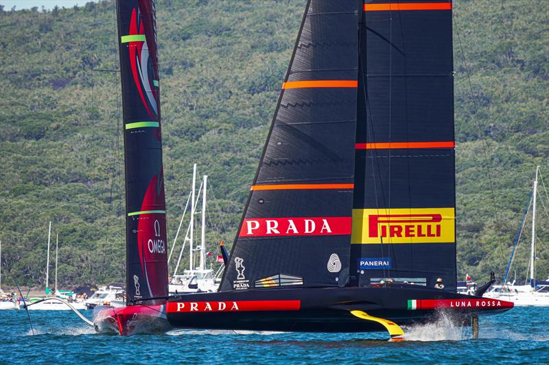 America's Cup match day 3 - Emirates Team New Zealand drop off the foils in the pre-start of race 5 photo copyright ACE / Studio Borlenghi taken at Royal New Zealand Yacht Squadron and featuring the AC75 class