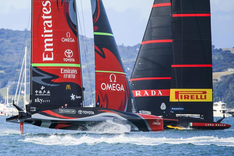 America's Cup match day 5 - Emirates Team New Zealand stay flying as Luna Rossa Prada Pirelli wallow photo copyright ACE / Studio Borlenghi taken at Royal New Zealand Yacht Squadron and featuring the AC75 class