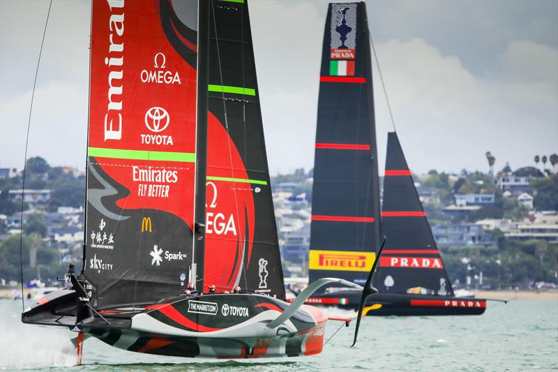 America's Cup match day 6 - Luna Rossa Prada Pirelli and Emirates Team New Zealand battle it out in race 9 photo copyright ACE / Studio Borlenghi taken at Royal New Zealand Yacht Squadron and featuring the AC75 class