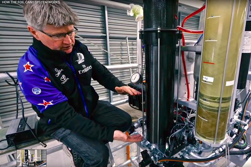 Project manager Peter Thomas explains the purpose of the black storage tank in the canting system - Emirates Team NZ, September 18, 2018 photo copyright Emirates Team New Zealand taken at  and featuring the AC75 class
