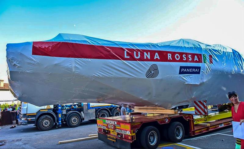 Luna Rossa Prada Pirelli's first AC75 leaves the Persico building facility in Bergamo, Italy, August photo copyright Bergamo Corriere taken at Circolo della Vela Sicilia and featuring the AC75 class