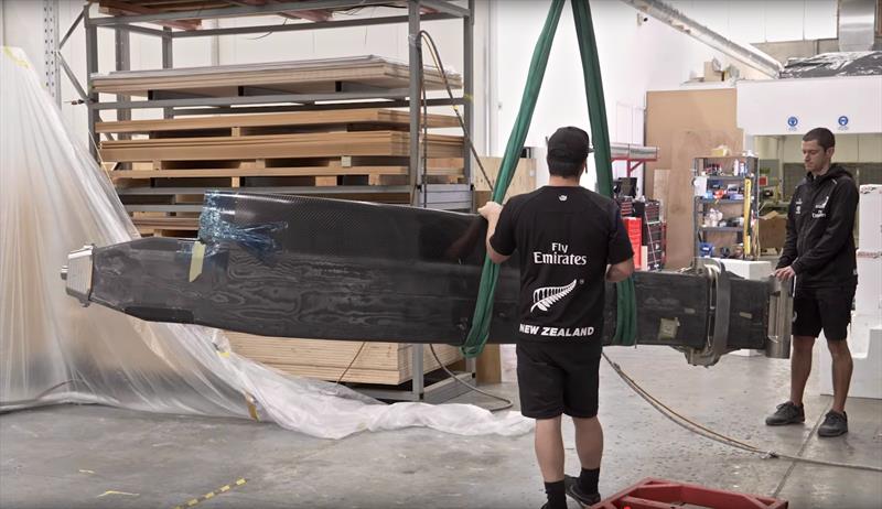 Emirates Team New Zealand unload the carbon foil arms from Persico Marine, Italy - August 14, 2019 - photo © Emirates Team New Zealand