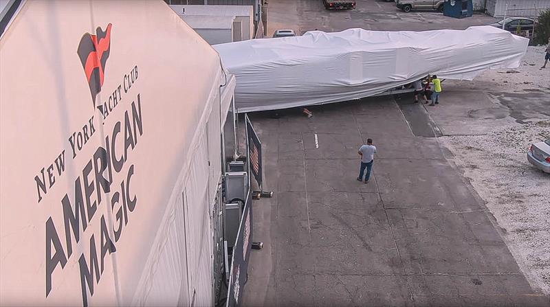 NYYC American Magic wheel their AC75 into the fit-out shed at their Newport RI base - photo © NYYC American Magic