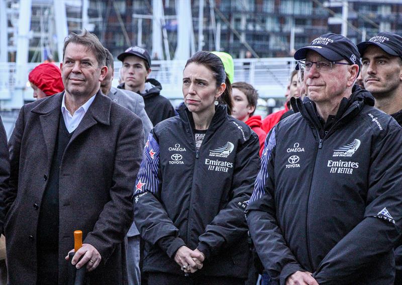 Prime Minister Jacinda Adhern (cetre) with Sir Stephen Tindall (right) ETNZ Chairman, Emirates Team New Zealand launch the world's first AC75, Auckland, September 6, photo copyright Richard Gladwell / Sail-World.com taken at Royal New Zealand Yacht Squadron and featuring the AC75 class