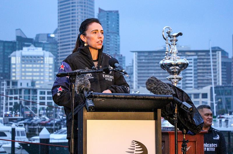 Prime Minister Jacinda Adhern - Emirates Team New Zealand launch the world's first AC75, Auckland, September 6, photo copyright Richard Gladwell / Sail-World.com taken at Royal New Zealand Yacht Squadron and featuring the AC75 class