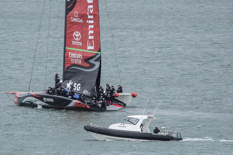Emirates Team New Zealand - Luna Rossa spy boat in close attendance - Auckland, September 11 , 2019 photo copyright Richard Gladwell taken at Royal New Zealand Yacht Squadron and featuring the AC75 class