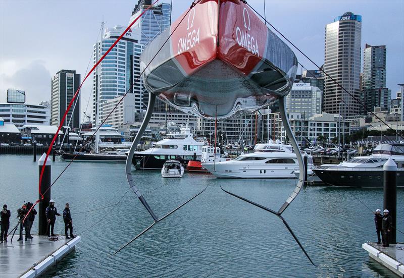 Emirates Team NZ launch the world's first AC75. The design was notable for the bustle around the centreline of the canoebody of the hull, the chines at the bow, and featured two different wings as is standard practice for testing.  - photo © Richard Gladwell