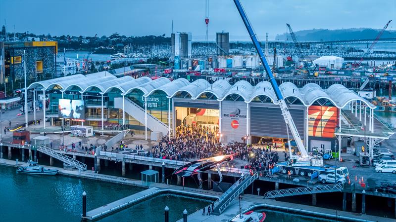 NZ Crane Hire lifts Emirates Team New Zealand first AC75 at the team base in Auckland 36th America's Cup - photo © Emirates Team New Zealand