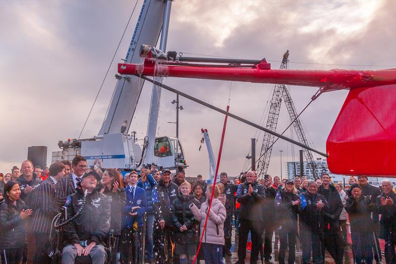 Emirates Team New Zealand christen their first AC75 at their team base in Auckland 36th America's Cup - photo © Emirates Team New Zealand