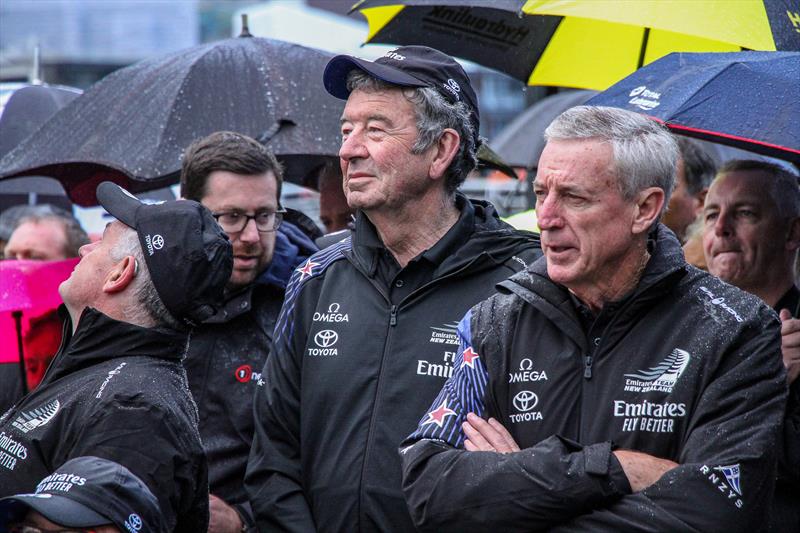 Wise heads - ETNZ Board member Bob Field, former MD of Toyota NZ and Gary Chapman, President Group Services Emirates Airlines, as the Speaker of the House of Representatives Trevor Mallard looks skywards - Emirates Team New Zealand- AC75, Auckland - photo © Richard Gladwell