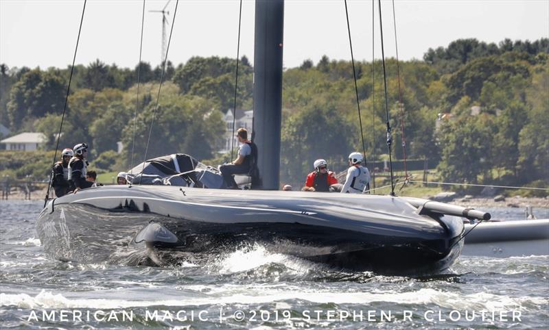 AC75 - NYYC American Magic caught on the tow for more test sailing on Narragansett Bay, Newport RI photo copyright Stephen R Cloutier / PhotoGroup.us taken at New York Yacht Club and featuring the AC75 class