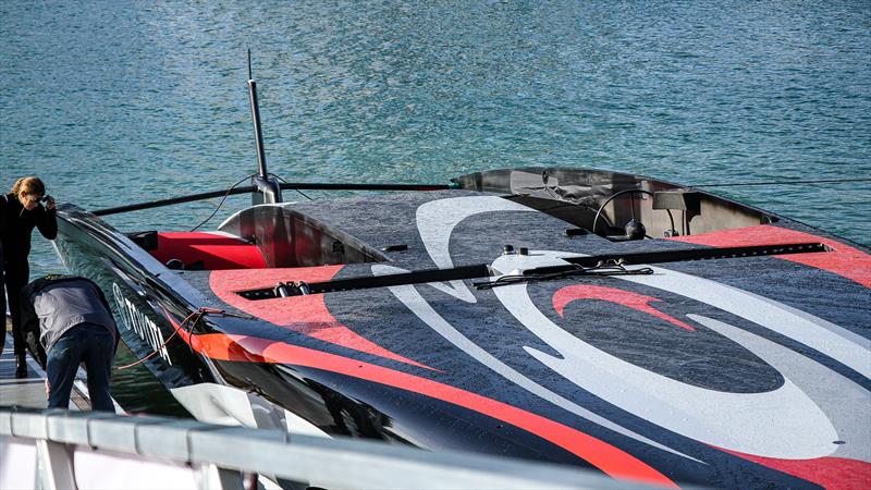 Emirates Team New Zealand - the deck layout is noticeable for the lack of a mainsheet traveller and flat centre deck between the cockpits - Auckland, September 06, 2019 photo copyright Richard Gladwell / Sail-World.com taken at Royal New Zealand Yacht Squadron and featuring the AC75 class