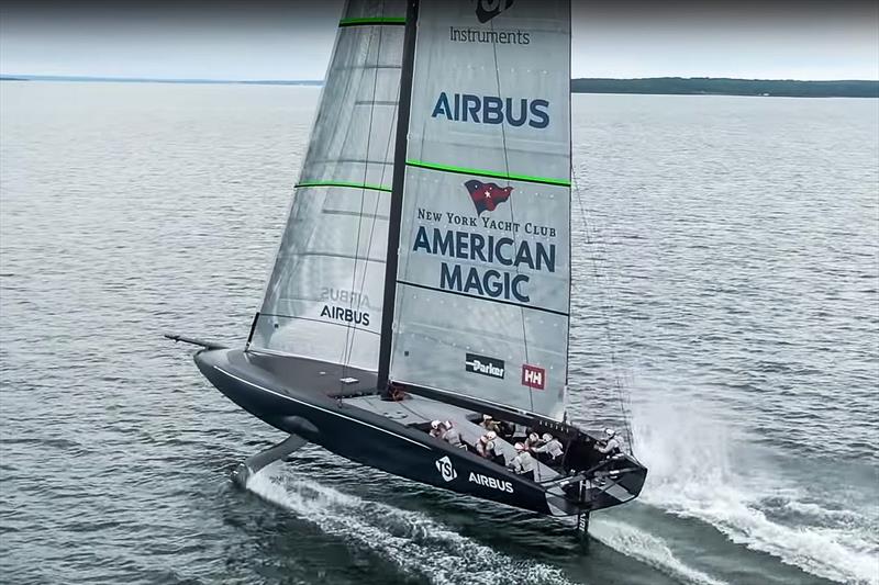NYYC American Magic completes a foiling gybe during an early sail in light winds - photo © NYYC American Magic